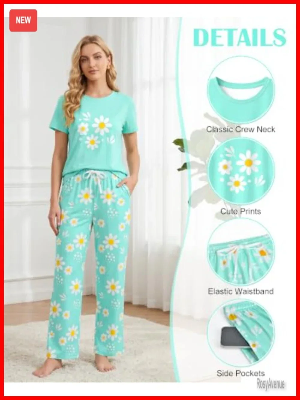 2 Piece Short Sleeve Pajama Set with Long Pants and Pockets